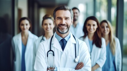 Medical doctor Team Standing In Hospital Corridor