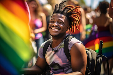Smiling and laughing people with limited mobility at a gay parade