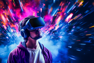 Man wearing VR headset over dark glowing background