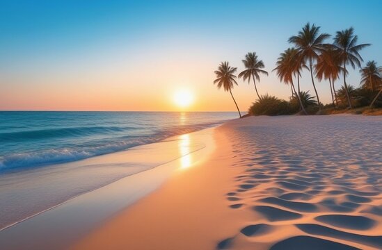 sunset on the sea  beach with waves and palms