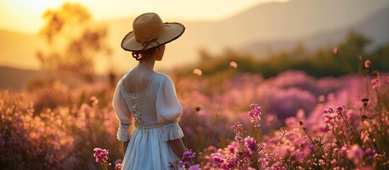 silhouette woman white long vintage dress Princess medieval lady in historical clothes Straw hat boater flowers Aroma spring nature pink flowering field blue sky sunset sun light back rear view