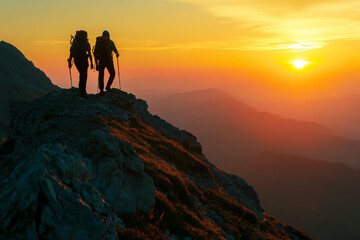 Fototapeta premium Couple Hiking Towards Sunset on Mountain