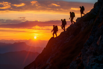 Hikers on a Ridge Overlooking Sunset