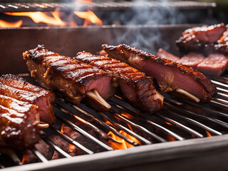 Grilled meat, pork on the grill. BBQ. Close-up details. Open flame grilling. Product shoot concept.