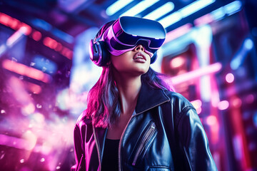 Woman in VR over dark glowing background