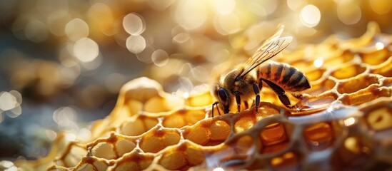 A queen bee cup with royal jelly in the wax comb of the honey bee Apis mellifera. Copy space image. Place for adding text - obrazy, fototapety, plakaty