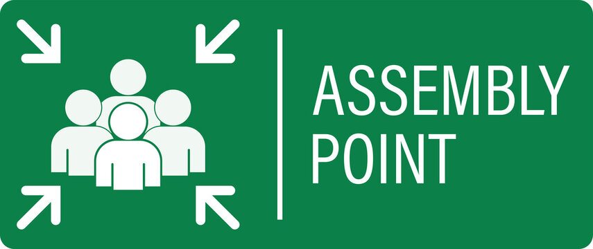 Isolated square green sign group of people gather for assembly point emergency zone signage