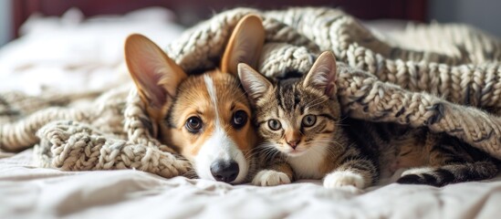 Cozy Pembroke Welsh corgi puppy hugs tiny tabby fold kitten under white warm blanket on a bed at home Top down view. Copy space image. Place for adding text