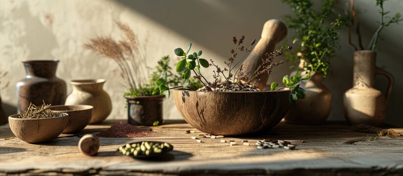 A bowl of medicine placed on a wooden podium in the center with many types of herb displayed around Chinese medicine treat a wide range of ailments to enhance health. Copy space image