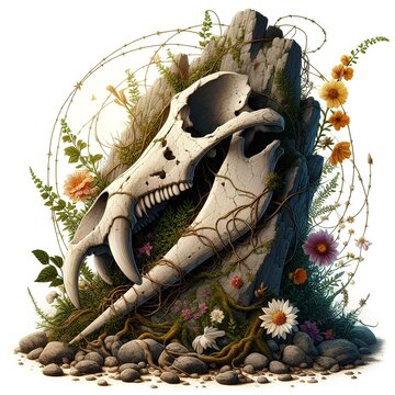 Ai generates an illustration of an animal fossil surrounded by flowers and roots