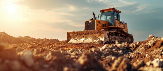 Yellow motorized bulldozer raking rubble piles Road building industry. Copy space image. Place for adding text - obrazy, fototapety, plakaty