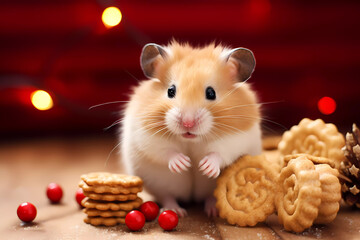 Cute hamster standing next to cookies in a living room. Little pet for human friend. Pet indoor activity. 