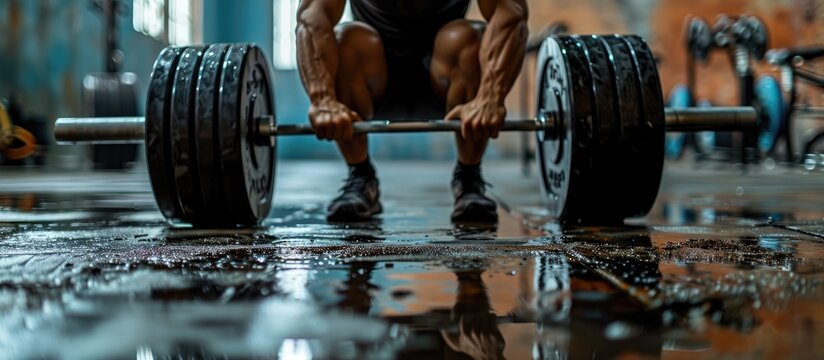 Young active strong sweaty muscular fit man with big muscles preparing for hardcore benchpress workout cross training with heavy barbell weights in the gym Male concentrated sitting on the benc