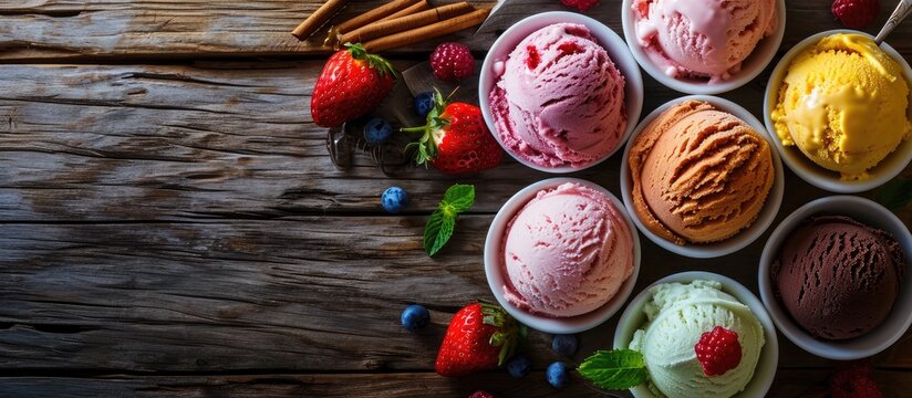 Heart shaped dishes with assorted ice cream flavors and fresh ingredients viewed high angle on wood in a panorama banner. Copy space image. Place for adding text