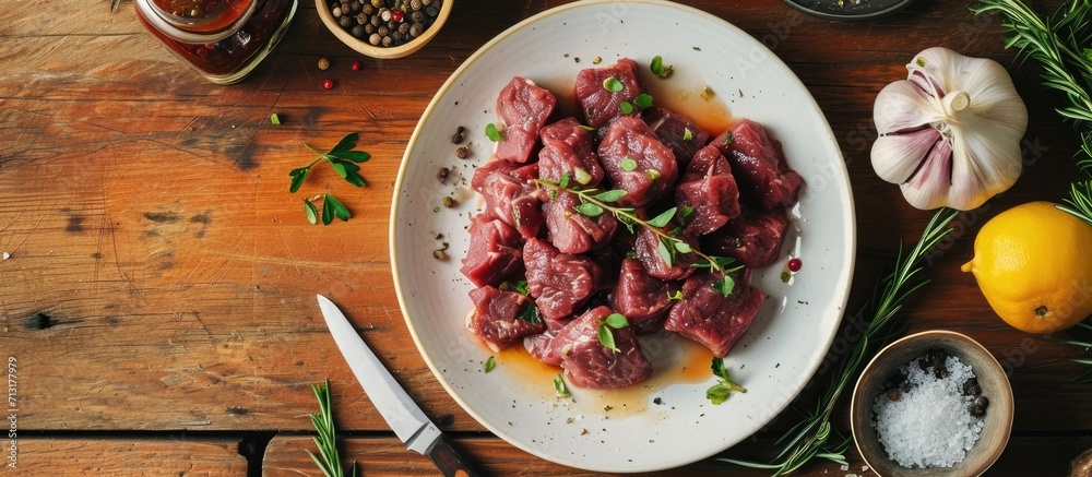 Canvas Prints Top view of white ceramic dish with mixed raw meat and sauce for cooking steak tartare placed on wooden table. Copy space image. Place for adding text