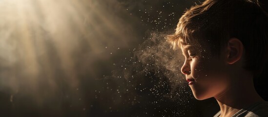 Allergy to dust Boy sneezes because he is allergic to dust Dust flies in the air backlit by light. Copy space image. Place for adding text