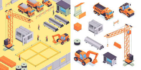 Construction illustration and icons in isometric view