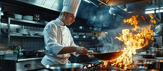 Chef cook food with fire at kitchen restaurant Cook with wok at kitchen Chef male in uniform hold wok with fire. Copy space image. Place for adding text - Powered by Adobe