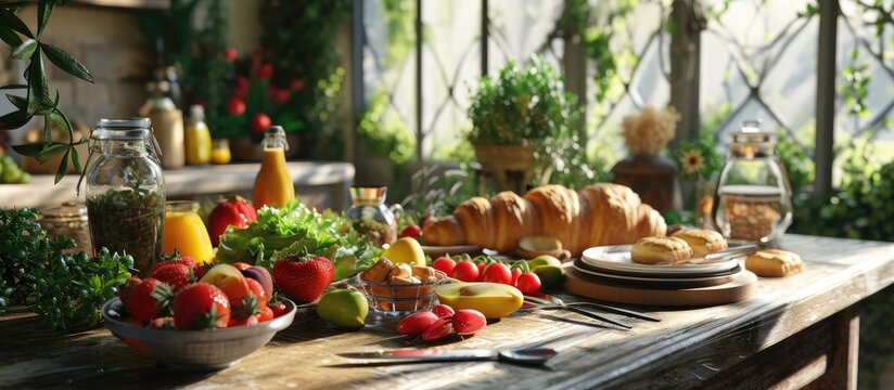 Breakfast in a box to go from closed restaurant due corona virus lockdown Fresh bagels croissants berries salad and vegetables for romantic lunch Food to go for a picnic. Copy space image