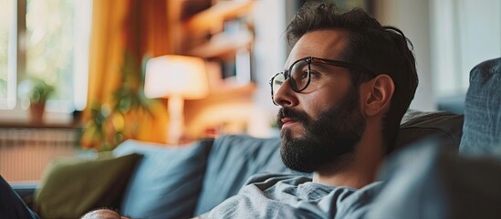 Serious interested Arabic Hispanic Indian bearded man guy wearing glasses 30s male with popcorn watching TV at home sofa late evening night relaxing enjoying movie online sport game attentively