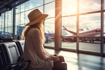 Young woman waiting for her flight at the airport
