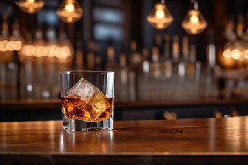a glass of whiskey on the bar in front of the bar. Generative Ai