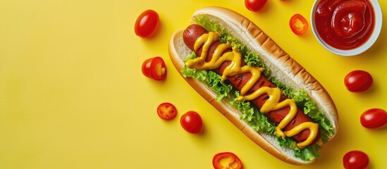 Chicago Style Hot Dog with Mustard Pickle Tomato Relish and Onion. Copy space image. Place for adding text