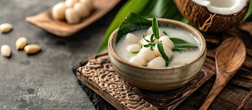 Water Chestnuts in Coconut Broth Thai iced dessert Tub Tim Krob. Copy space image. Place for adding text