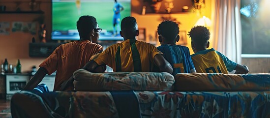 Football fans friends watching Brazil national team in live soccer match on TV at home. Copy space image. Place for adding text