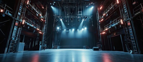 Technical equipment at the backstage of theater Stage spot lighting rigging structure for a live musical theater events. Copy space image. Place for adding text - obrazy, fototapety, plakaty