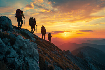 Adventurers Ascending Mountain at Sunset
