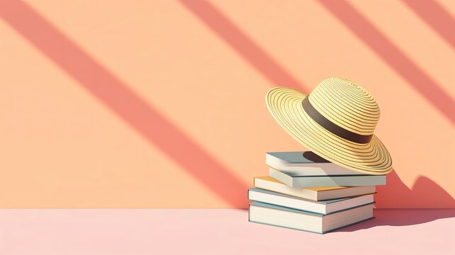 Straw Beach Hat Resting on Stack of Books for Book Day 2024