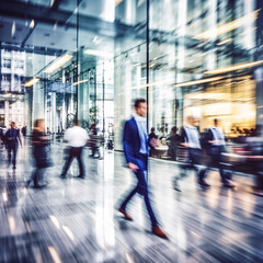 Business people walking in motion blur oficce background