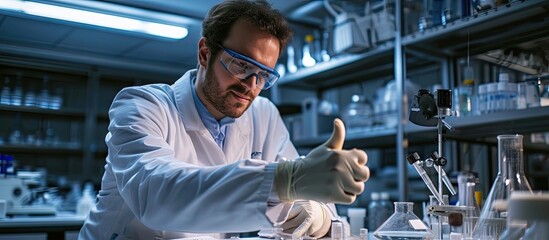 Professional handsome male scientist working on a vaccine in a scientific research laboratory and did thumbs up. Copy space image. Place for adding text - obrazy, fototapety, plakaty
