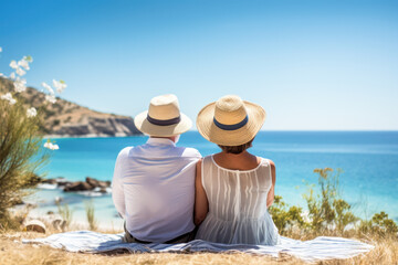 Senior couple relaxing together near the sea on sunny day