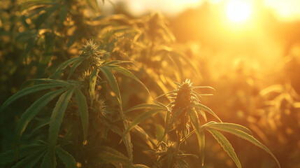  Thriving Cannabis Plantation. A close-up of a lush cannabis plant in natural sunlight, highlighting the plant's structure and potential for CBD production