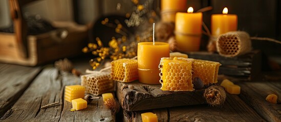 Fototapeta na wymiar Honeycombs in jars and candles with different patterns handmade with beeswax on wood. Copy space image. Place for adding text