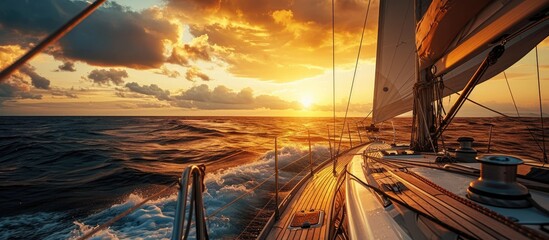 White yacht sailing in an open sea at sunset A view from the deck to the bow mast sails Epic cloudscape Dramatic sky with glowing golden clouds after the storm Racing sport leisure activity - obrazy, fototapety, plakaty
