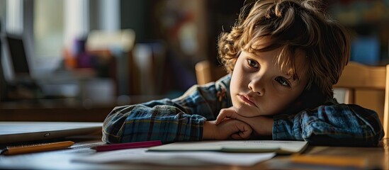 Tired boring boy don t want to do his difficult school homework. Copy space image. Place for adding...