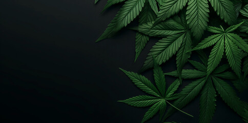 Lush cannabis leaves spread across a dark backdrop, emphasizing their rich green hue and potential in wellness - obrazy, fototapety, plakaty