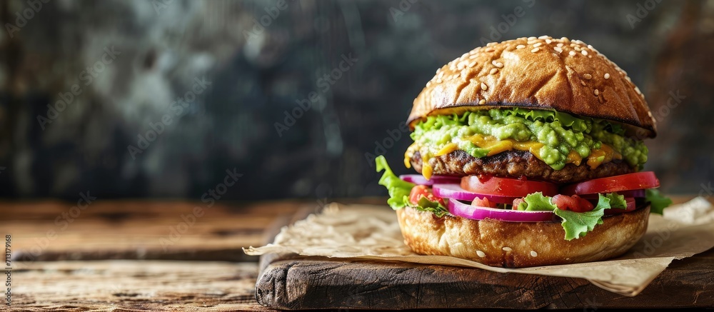 Wall mural Grilled portobello bun mushroom burger Vegan gluten free grain free healthy veggies hamburger with guacamole fresh vegetables and cashew cheese sauce. Copy space image. Place for adding text