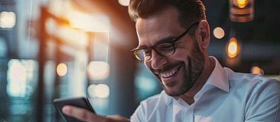 Happy dark skinned man in white shirt laughing while using cellphone device for checking business news on website cheerful male employee in classic glasses browsing wireless internet via mobile