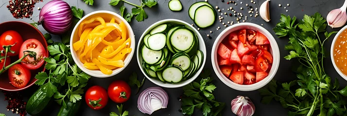 Foto op Plexiglas Ingredients for vegetable salad, diet and healthy food. Low calorie flatlay layout. Illustration © john