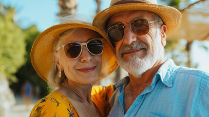 Golden Years Getaway. A joyful senior couple enjoying a vibrant summer vacation, showcasing timeless love and adventure in their golden years.
