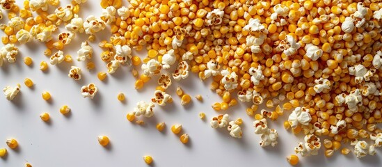 Yellow grain corn isolated on white background and texture for popcorn top view. Copy space image. Place for adding text