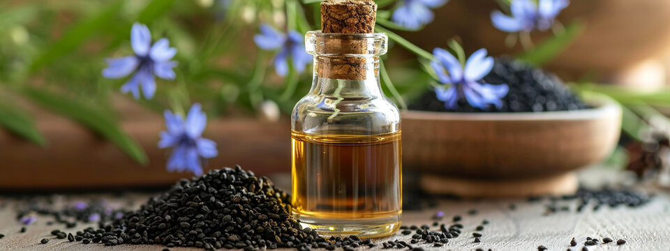 Black cumin essential oil in a small bottle. selective focus. Generative AI,