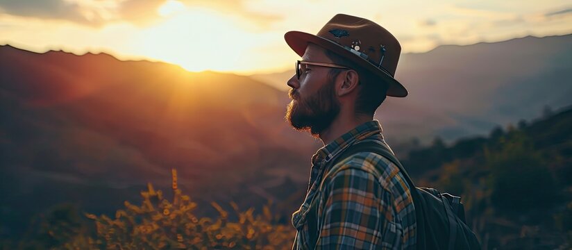 Hipster man traveler wanderer wearing hat sitting alone and enjoying freedom and calm inspired travelling. Copy space image. Place for adding text
