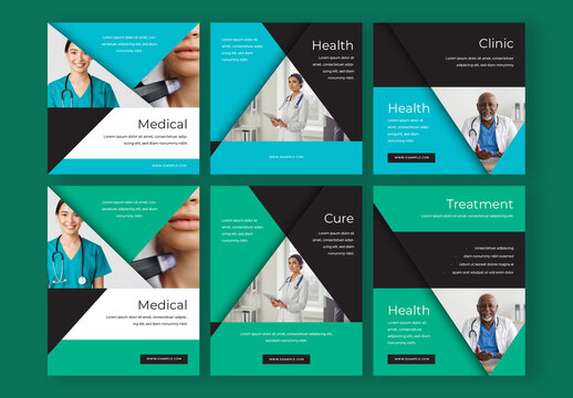 Medical Social Media Layouts For Healthcare Posts With Blue and Green Accent