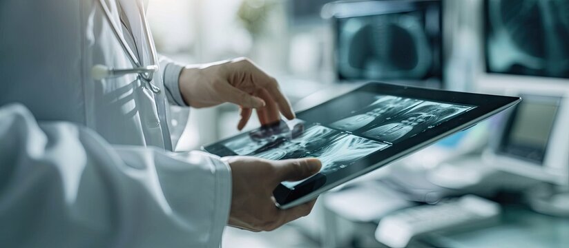 doctor diagnose spine lumber vertebrae x ray image on digital tablet for diagnose Herniated disc disease with radiologic technologist team. Copy space image. Place for adding text