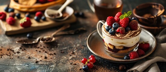 Obraz na płótnie Canvas Tiramisu with strawberries and blueberries and berry layer Italian dessert with ladyfinger biscuits coffee and marscapone cheese in a casserole powdered with cacao Tea time. Copy space image